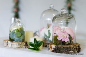 Décoration de table de mariage avec pivoines roses sous cloches et rondins de bois