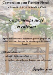 Affiche atelier floral avec descriptif et photo en fond constituée d'une composition floral sur une bergère